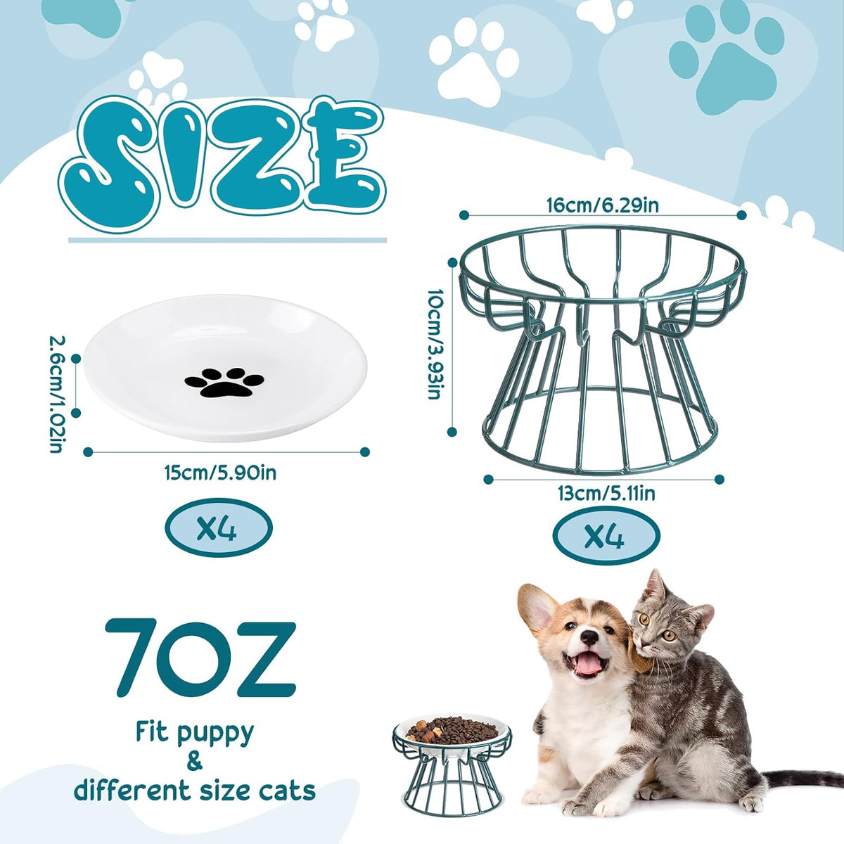 4 Sets Elevated Cat Bowls Ceramic Raised Cat Food Bowls with Metal - Green / Paw - image 2