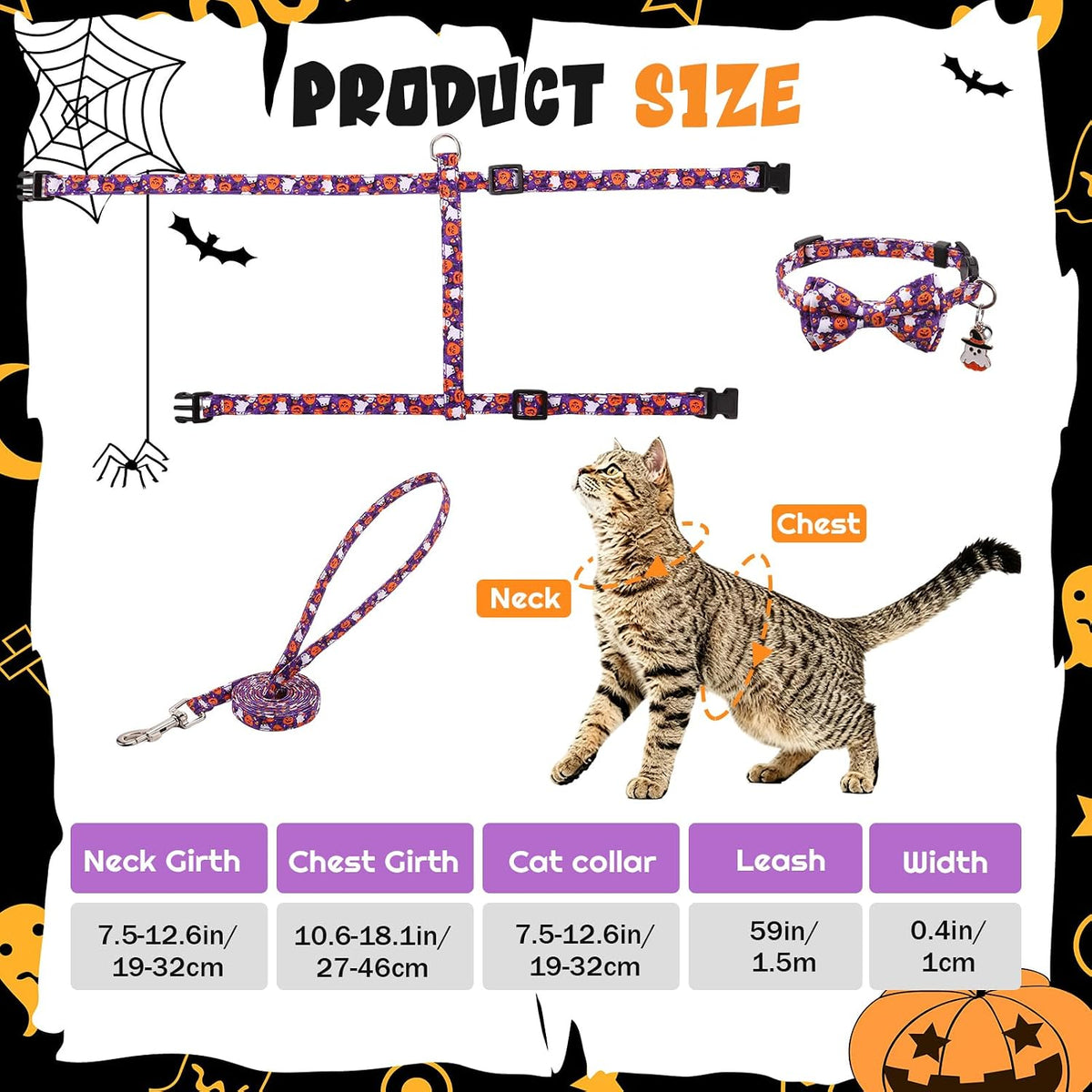 2 Pack Cat Harness and Leash with Collar Set - Halloween Orange,Purple - image 2