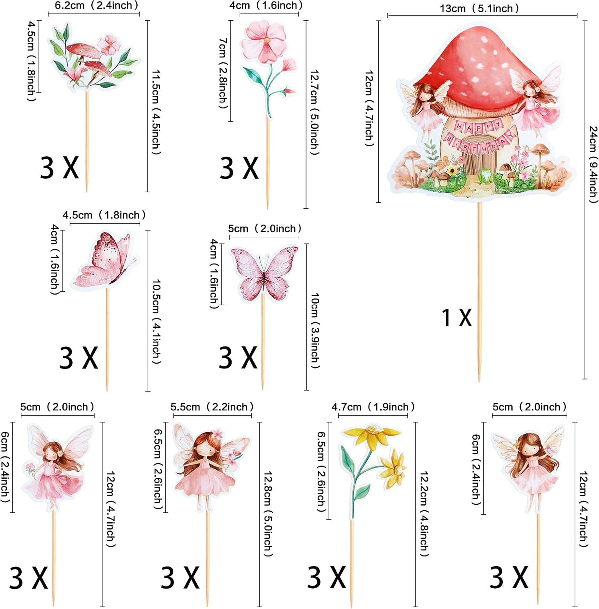 SAMOKA fairy cupcake toppers, 24 card paper picks on wooden sticks in 6 fairy designs - view 7