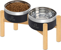 UPSKY 27oz Elevated Stainless Steel Dog Bowls Non-Slip Wooden Stand - Black