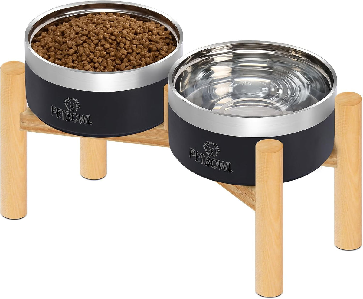 UPSKY 27oz Elevated Stainless Steel Dog Bowls Non-Slip Wooden Stand - Black