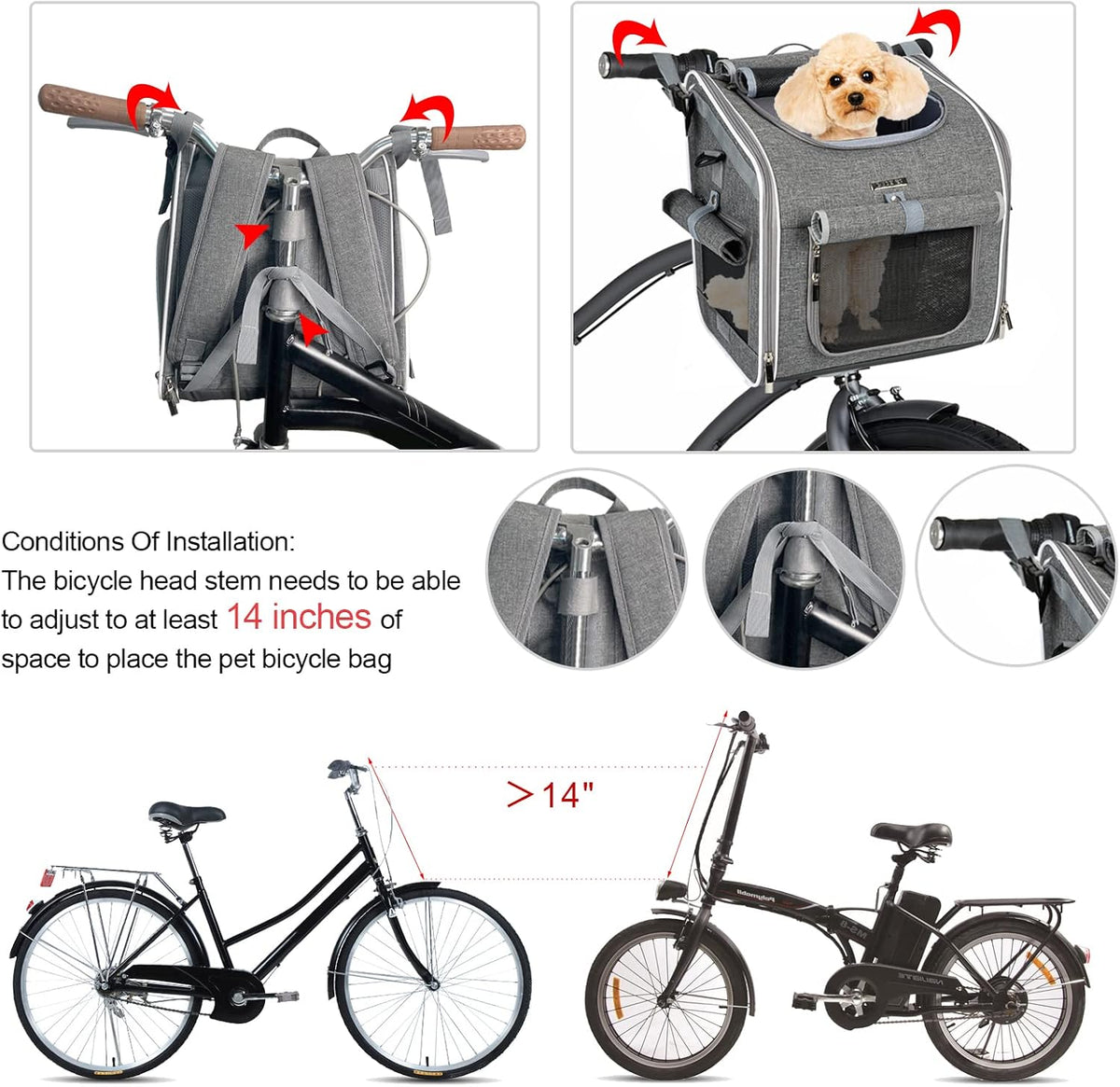 Dog Bike Basket, Expandable Soft-Sided Pet Carrier Backpack with 4 Open Doors, 4 Mesh Windows - Grey-Fits 10-18 Lbs - image 4