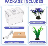 Mini Betta Fish Tank Kit with LED Light Base, Small Fish Bowl for Temporary Space, 0.2 Gallon Stackable Cube Tank with Artificial Plants for Small Fish, Insect, Shrimp, Crab, Spider (Kit-2)
