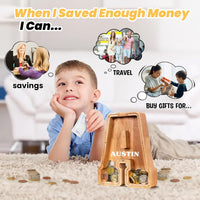KMC wooden letter piggy bank, oak initial coin bank with clear plexiglass front - view 38