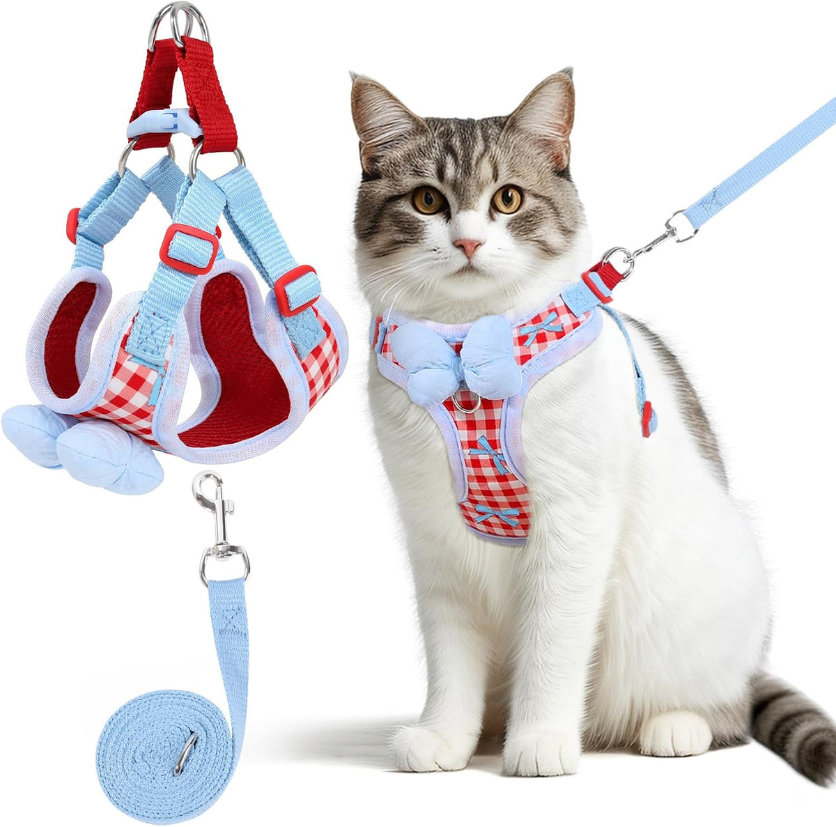 Cat Harness and Leash Set, Escape Proof Soft Vest Walk Pink XS – Essentials for Cats - Red-Plaid / Small