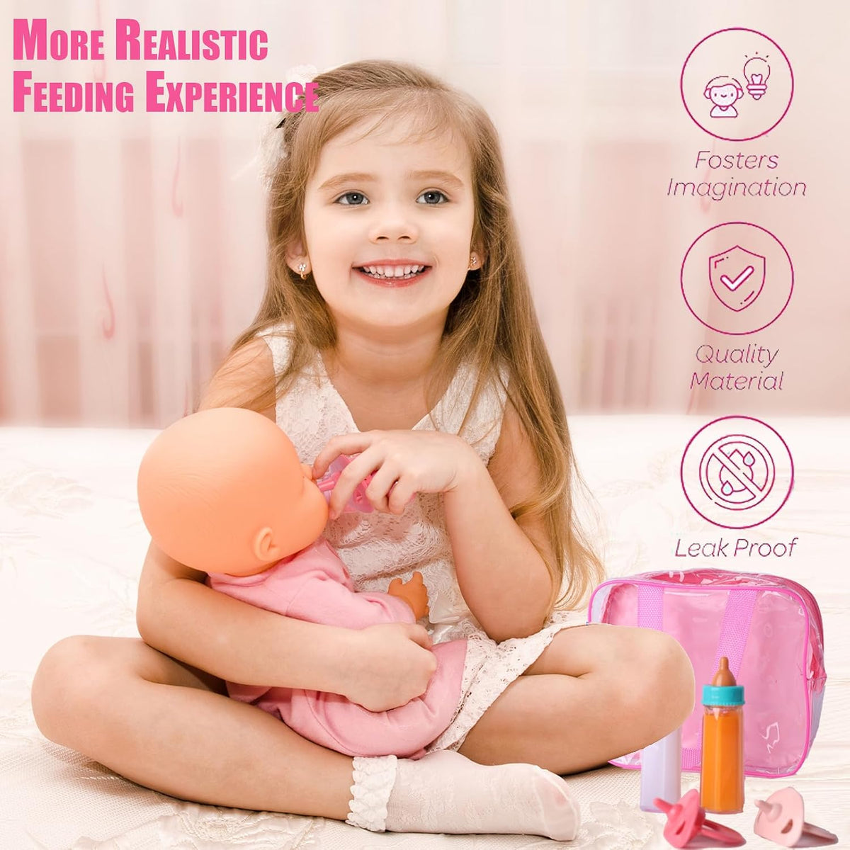 Beem Jun pink baby doll bottles and pacifiers set in a clear zippered bag - view 8