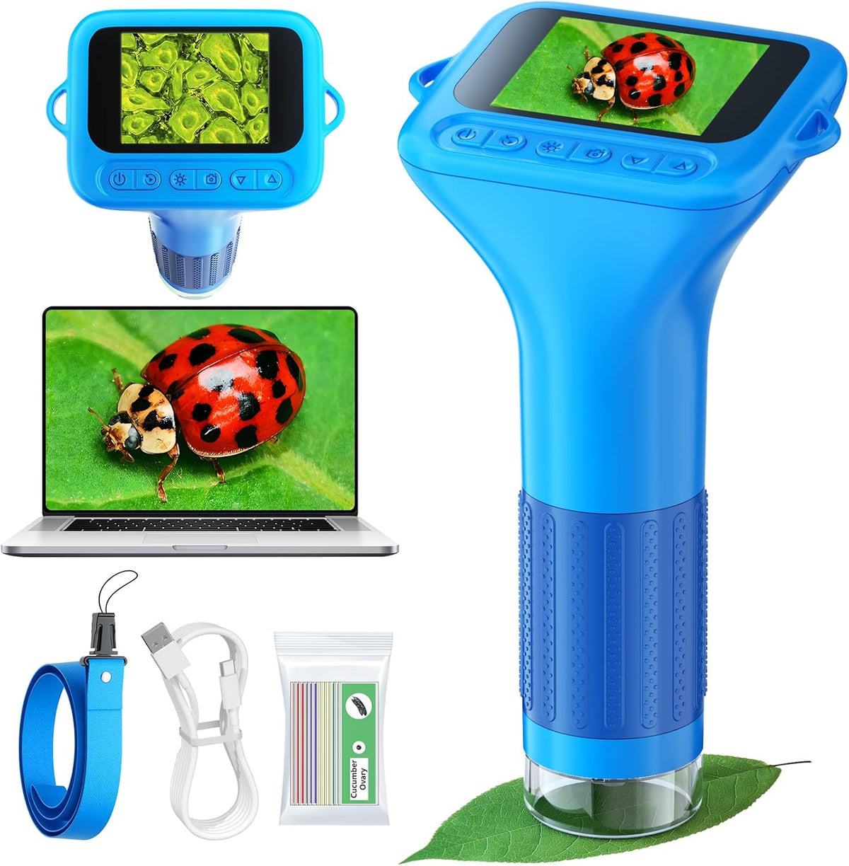 Odatay 1000X Digital Kids Microscope Kit with 12 Slides & 2" Screen - Blue