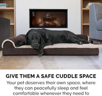 Furhaven Cooling Gel Dog Bed for Large Dogs w/ Removable Bolsters & Washable Cover, For Dogs Up to 125 lbs - Two-Tone Plush Faux Fur & Suede L Shaped Chaise - Espresso, Jumbo Plus/XXL
