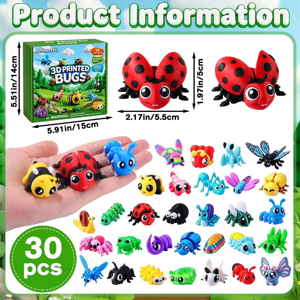 Celltestria 18PCS 3D Printed Skeleton Fidget Toys with Coffin Storage - 30Pcs 3D Printed Bugs - image 2