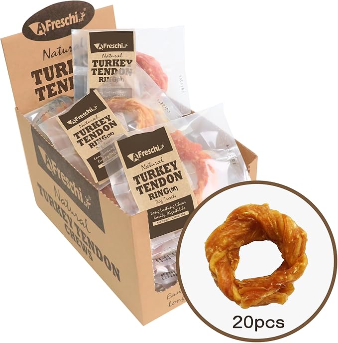 Afreschi Turkey Tendon for Dogs, Dog Treats for Signature Series, All Natural Human Grade Puppy Chew, USA-Sourced Turkey Tendon, Hypoallergenic, Rawhide Alternative, 20 Units/Box Ring (Medium)