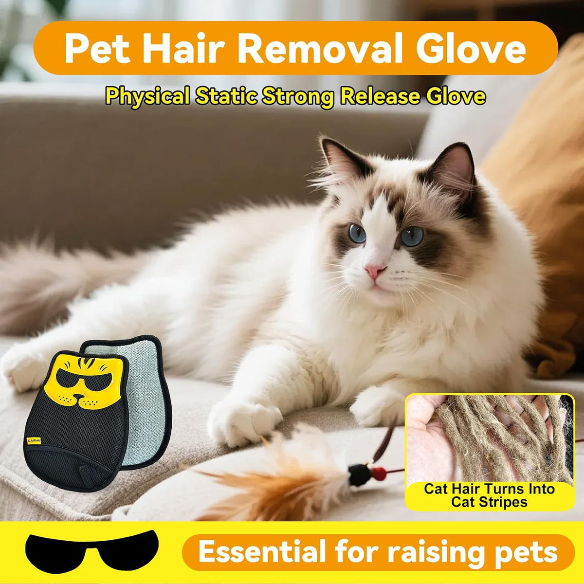 Electrostatic Pet Hair Removal Gloves – Essentials for Cats - Yellow‑Black-2pcs - image 2