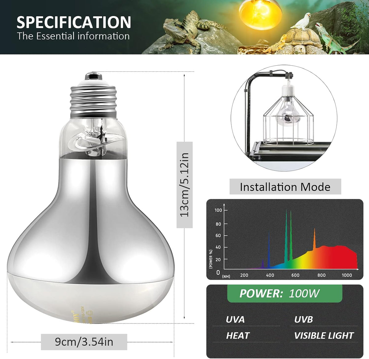 MIXJOY 100W Reptile Heat Lamp Bulb Full Spectrum UVA UVB Sun Light - 1 Count (Pack of 1) - image 3