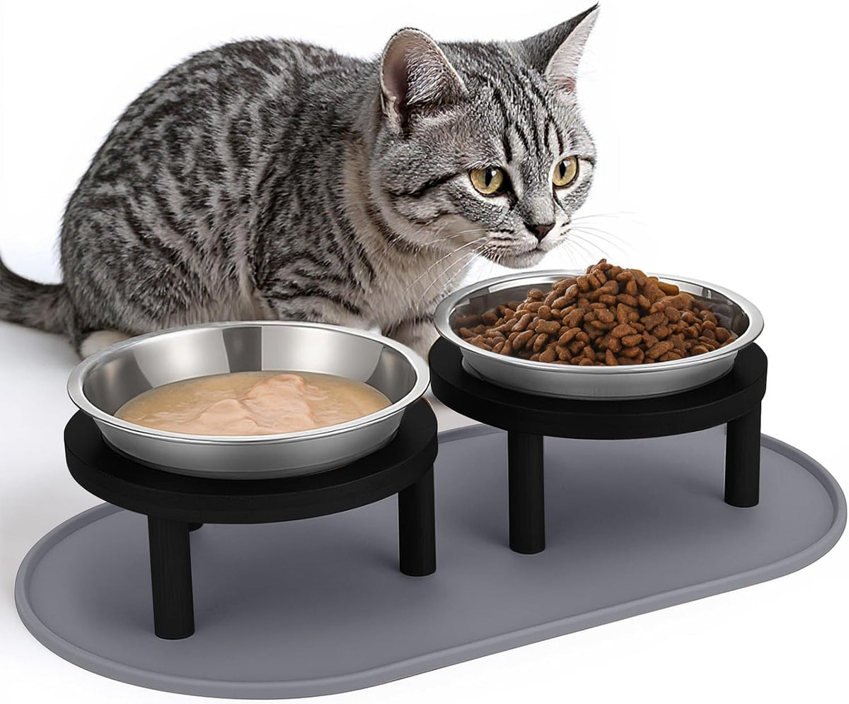 Elevated Cat Bowls with Food Mat - Black