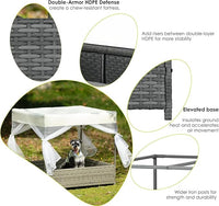 Wicker Dog House Outdoor Indoor with Canopy, Weatherproof Outside Dog Shelter Bed with Cushion, 4Sided Mesh Windows, Pet House Tent Shade for Small Medium Dogs, Rattan Dog Cot for Patio Yard Gray