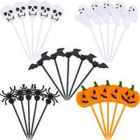 Tatuo Halloween cupcake toppers, 100 plastic picks with pumpkin, ghost, spider, bat and skeleton des - view 2