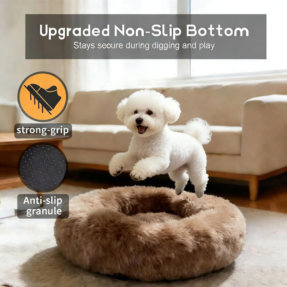 Comfort Donut Dog Bed, Ultra-Soft Pet Bed with Neck Support - 20''Lx20''Wx8''Th / Light Brown - image 3