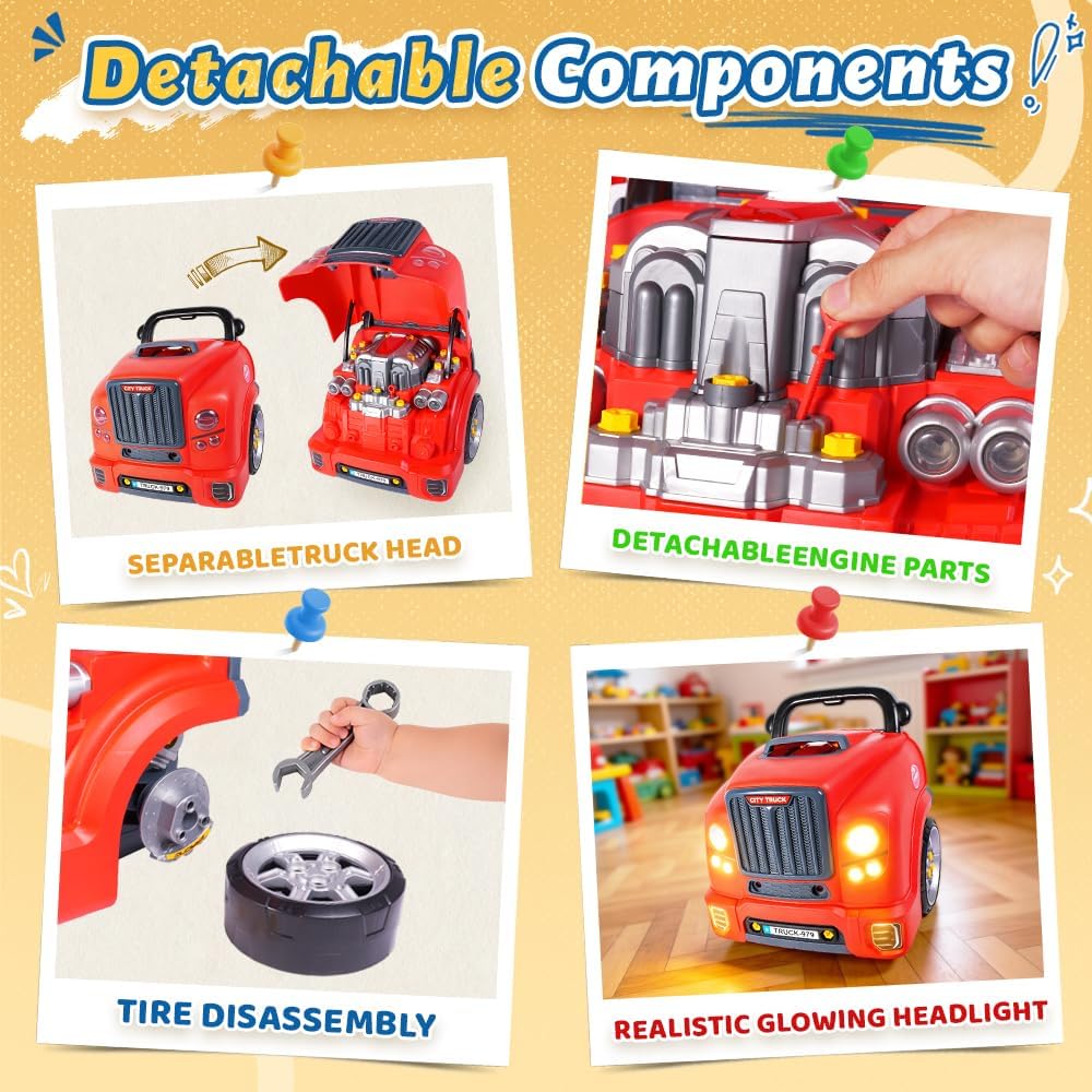 Interactive Truck Engine Toy with Removable Parts, Lights - Red - image 4