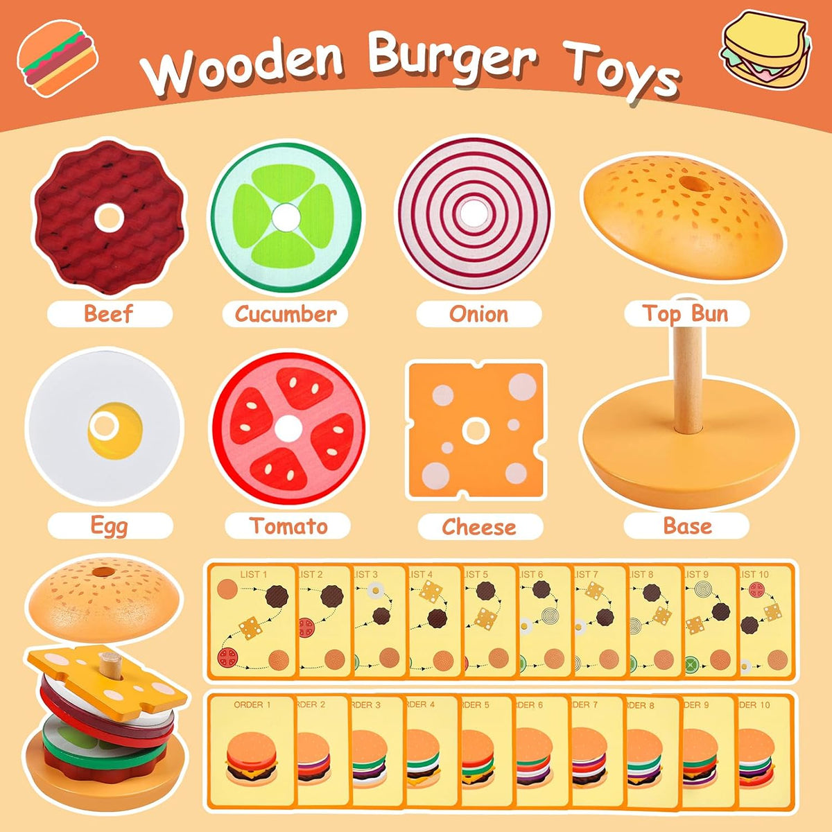 Pajojoqa wooden sandwich stacking toy with egg, cheese, bacon, lettuce, tomato and bun pieces - view 4