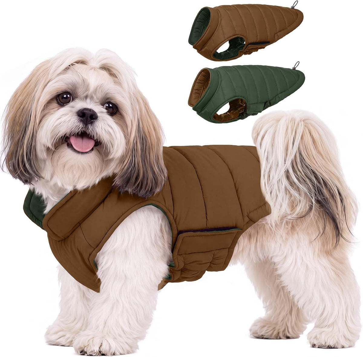 Lelepet Reversible Dog Coat Windproof Dog Jacket Lightweight Puffer - Small / Brown