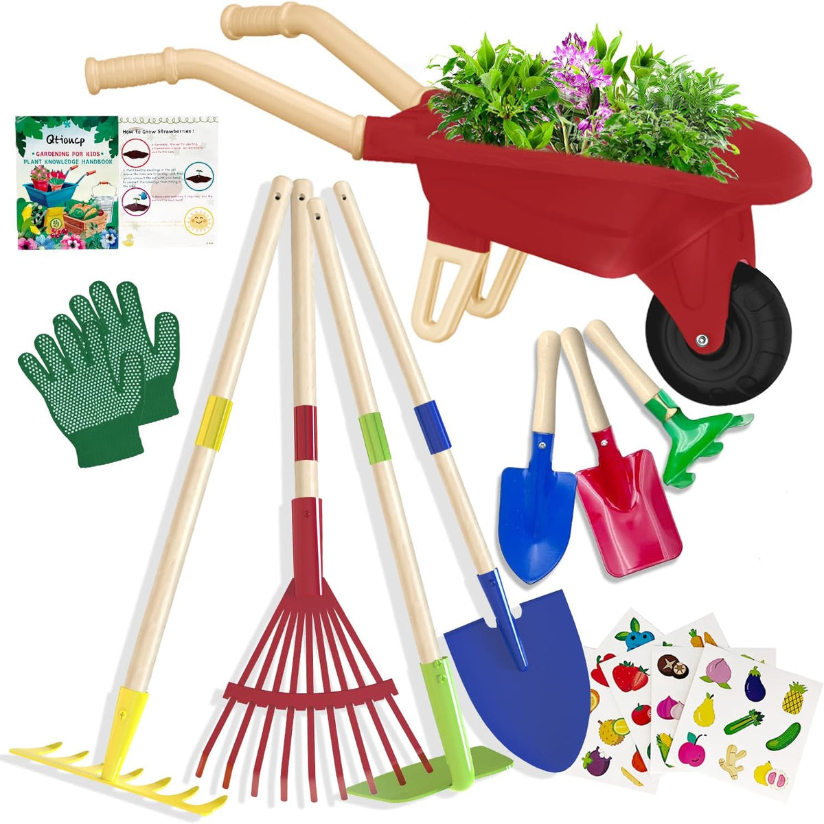 Qtioucp Kids Gardening Set with Wheelbarrow - Red Wheelbarrow Set