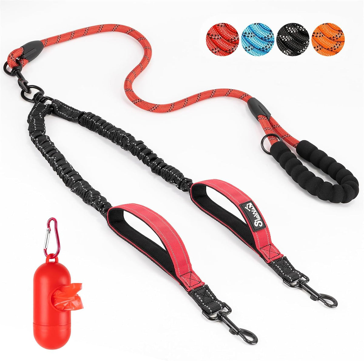 SlowTon Double Leash for Two Dogs, No Tangle & with Two Handles - 1.Red / 2 Handles (2 Dogs Total Weight 8-35lbs)