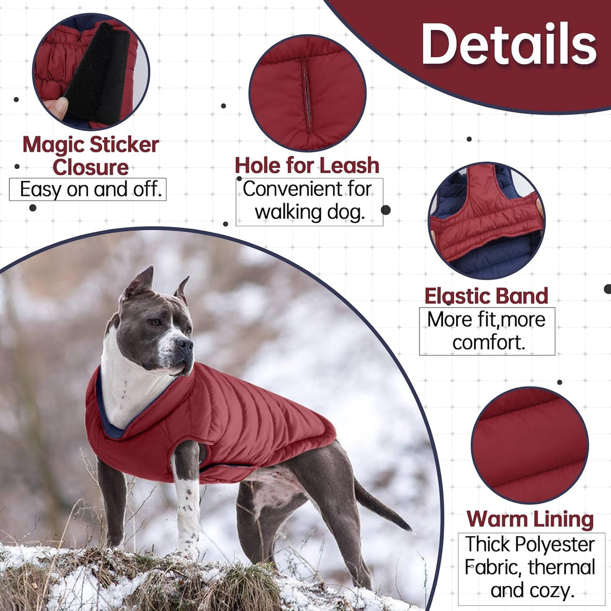 Lelepet Reversible Dog Coat Windproof Dog Jacket Lightweight Puffer - Large / Wine Red - image 3