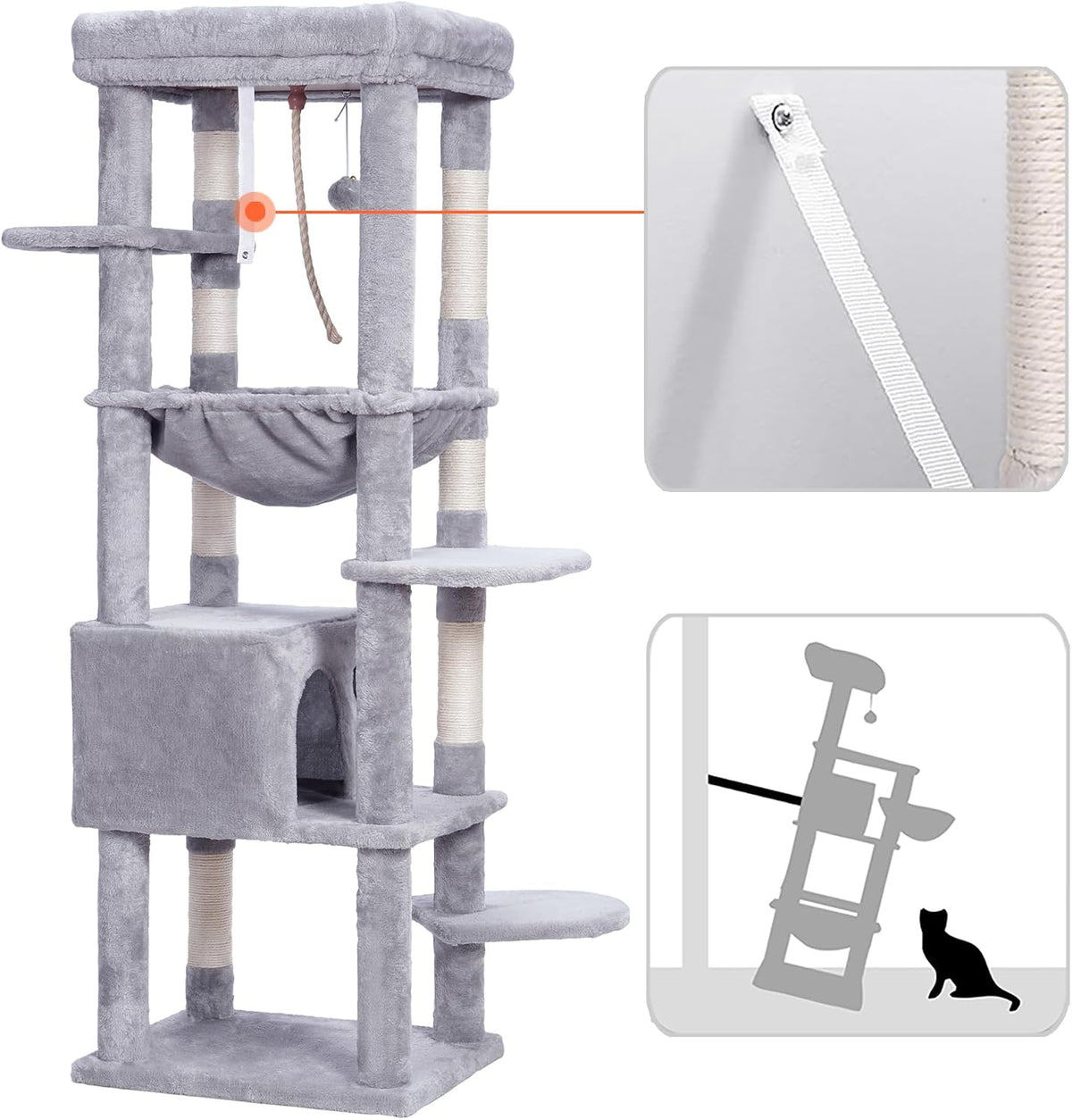 Heybly Cat Tree, 76-Inch Tall Heavy Duty Cat Tower for Big Cats HCT039G – Essentials for Cats - Light Gray / 60 inch - image 4