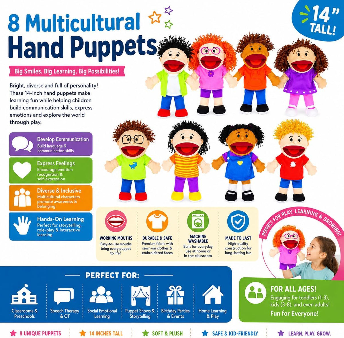 Fun Express Hand Puppets for Kids, 8 Multicultural - image 2