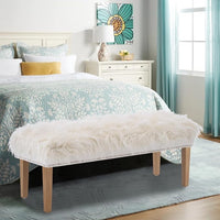 46 Inch White Bedroom Bench, Modern Multi-Purpose Bench with Wooden Legs, Faux Fur Upholstered, 3-Seater, 220 lbs Weight Capacity