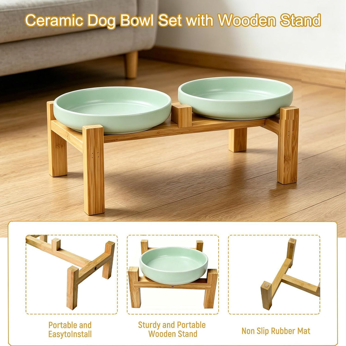 Ceramic Cat Bowls, Shallow Cat Dishes for Food and Water - Mint Green elevated - image 4