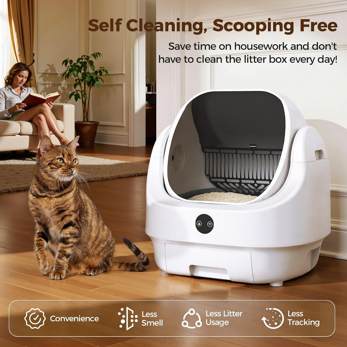 Open-Top Automatic Litter Box, Odor Control, Ready to Use - White-1 - image 2