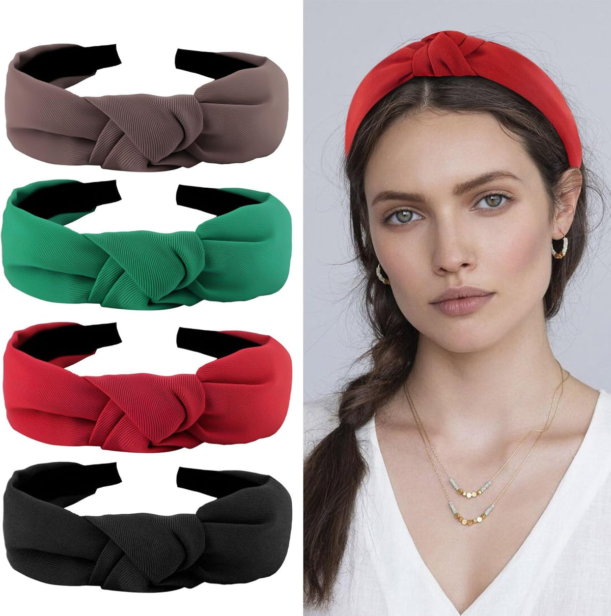 YISSION 4Pcs Wide Halloween Knotted Headbands Pumpkin Ghost Skull - Solid: Red, Green, Coffee, Black