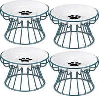 4 Sets Elevated Cat Bowls Ceramic Raised Cat Food Bowls with Metal - Green / Paw