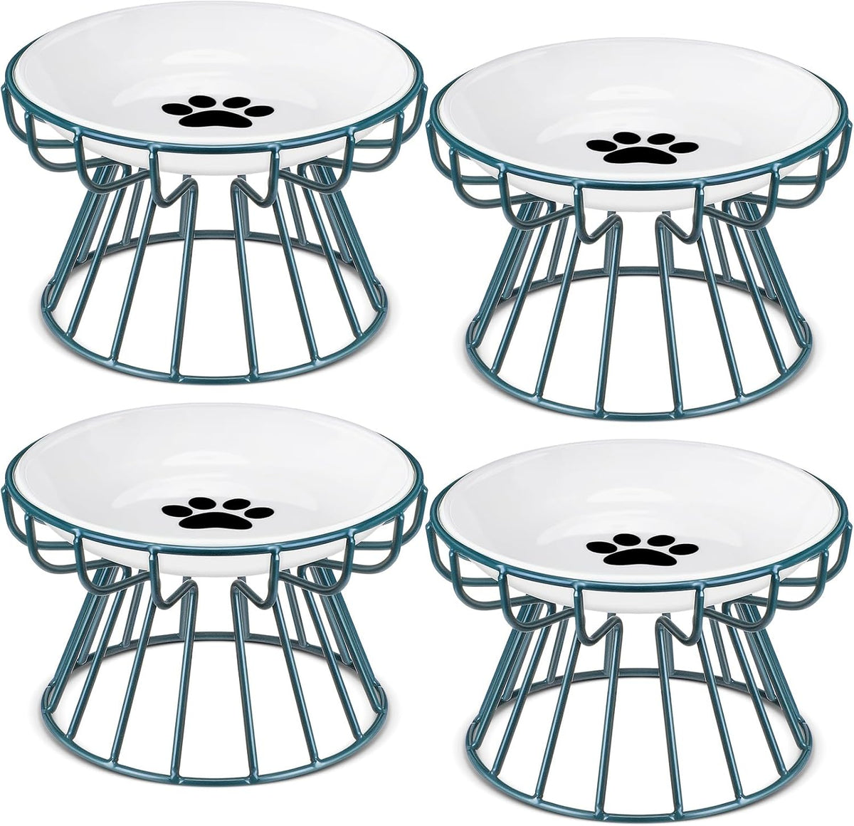 4 Sets Elevated Cat Bowls Ceramic Raised Cat Food Bowls with Metal - Green / Paw