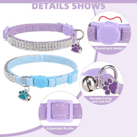 2 Pack Soft Velvet Safe Bling Diamond Cat Collars with Bells – Essentials for Cats - Blue + Light Purple / 7"-9" For Cats - image 3