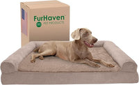 Furhaven Cooling Gel Dog Bed for Large Dogs w/ Removable Bolsters & Washable Cover, For Dogs Up to 125 lbs - Plush & Suede Sofa - Almondine, Jumbo Plus/XXL