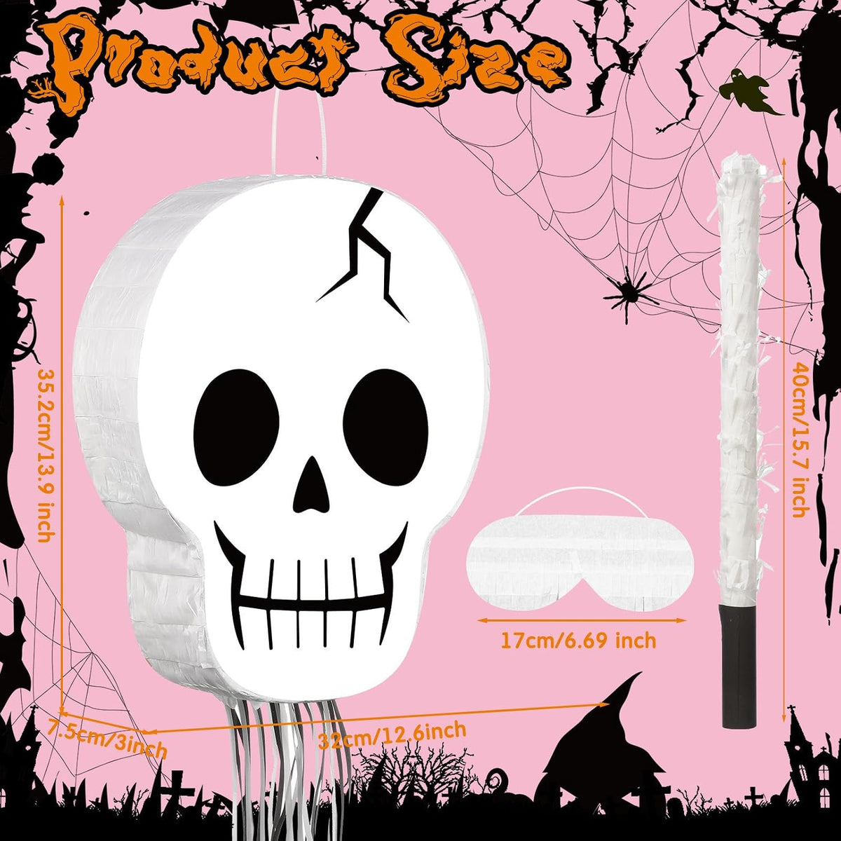 Aoriher Halloween skull piñata with bat stick, blindfold and square confetti - view 27