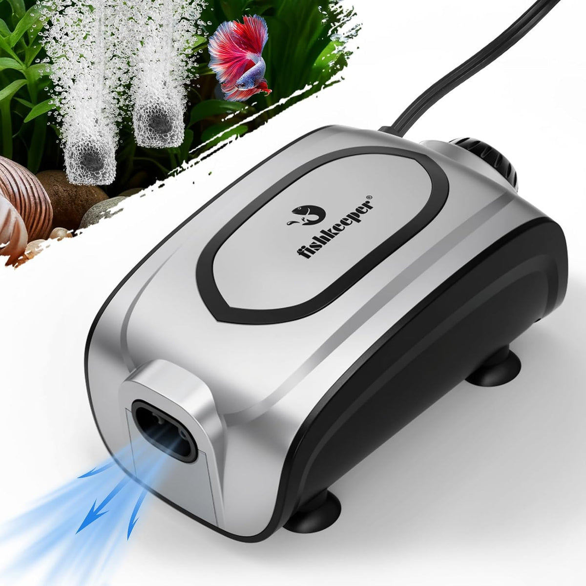 fishkeeper Quiet Aquarium Air Pump, 3W 5W Dual Outlet - Silver Gray / 5W for 1-160 Gallon
