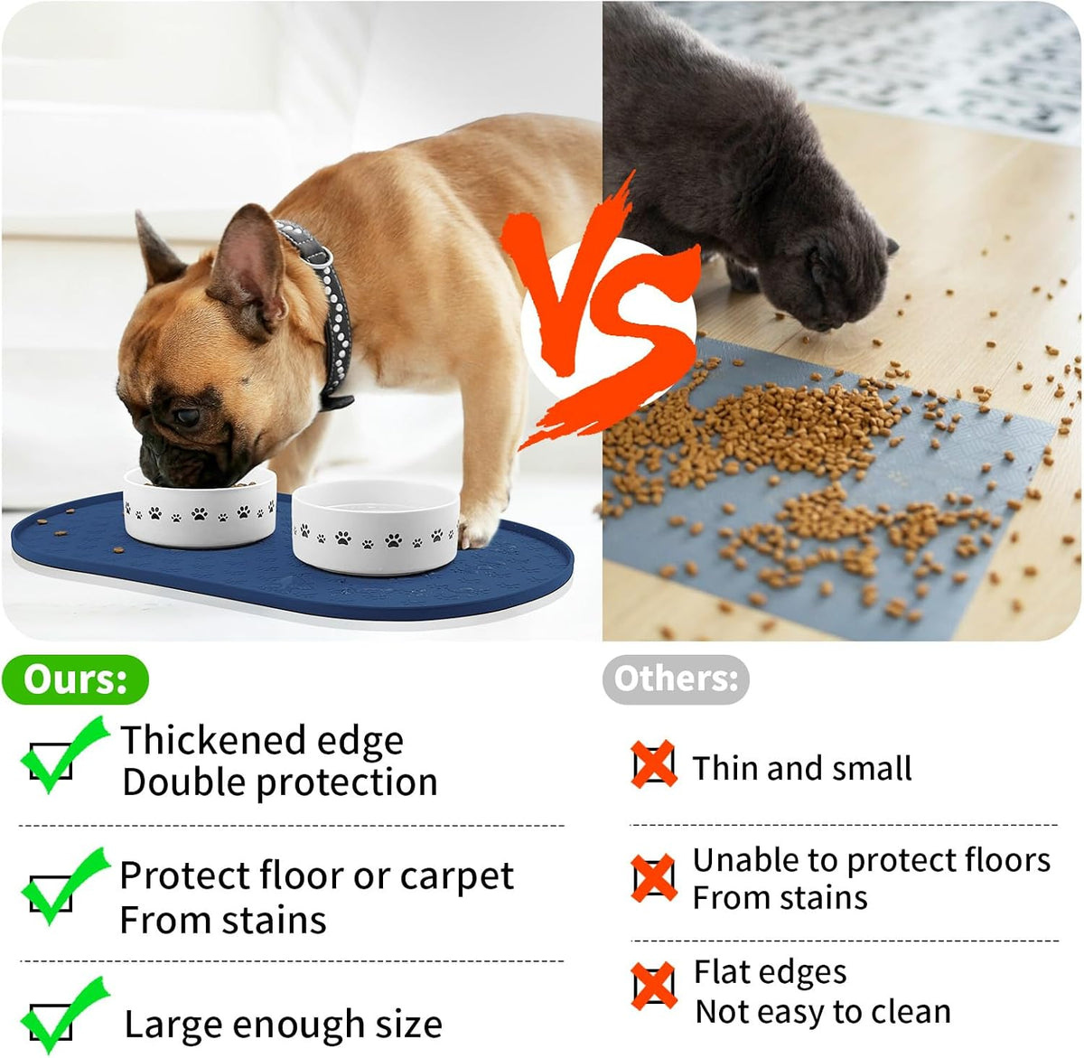 Dog Food Mat Spill-Proof Silicone Dog Bowl Mat Raised Edge Pet - Navy Blue / 19"L x 12"W - image 3