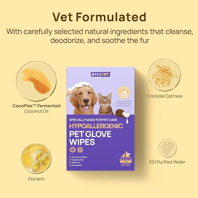 HICC PET Cleaning Deodorizing Glove Wipes for Dogs & Cats, Vet Recommended Hypoallergenic Pet Cleaning and Hydrating Glove Wipes, Nourish Fur Coconut Oil Pet Bathing Wipes for Horse Coat Care