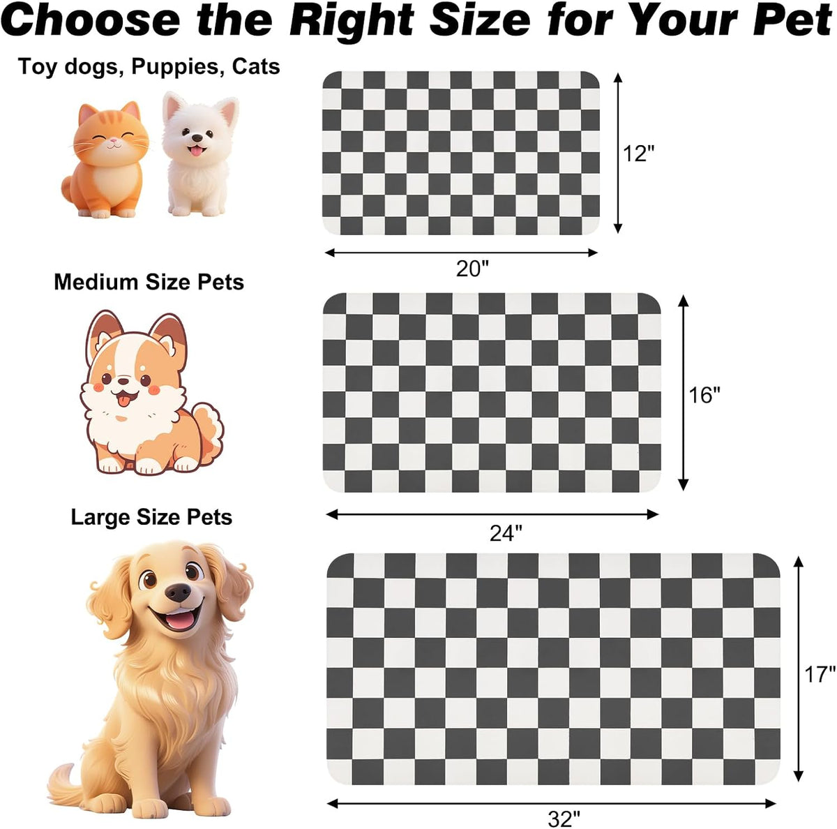 CooRug Checkered Dog Food Mat, Pet Feeding Mat 20" L x 12" W - Black / 20"L x 12"W - image 2