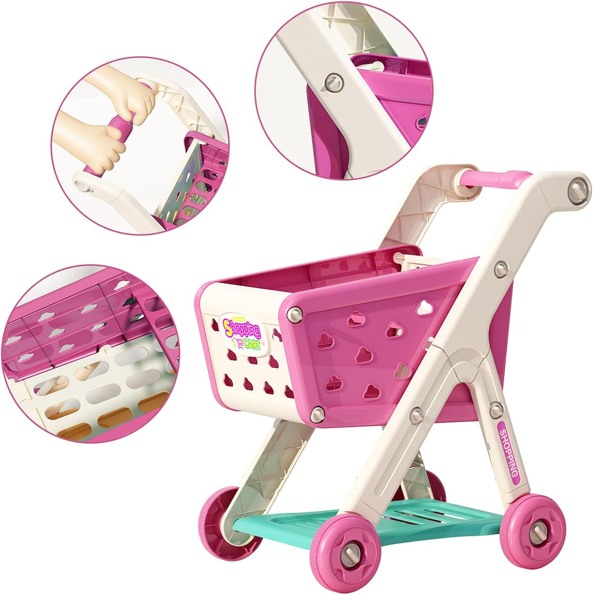 Jovow 102pcs Kids Shopping Cart Trolley Play Set with Pretend Food – Fun for Kids & Family - Pink - image 2