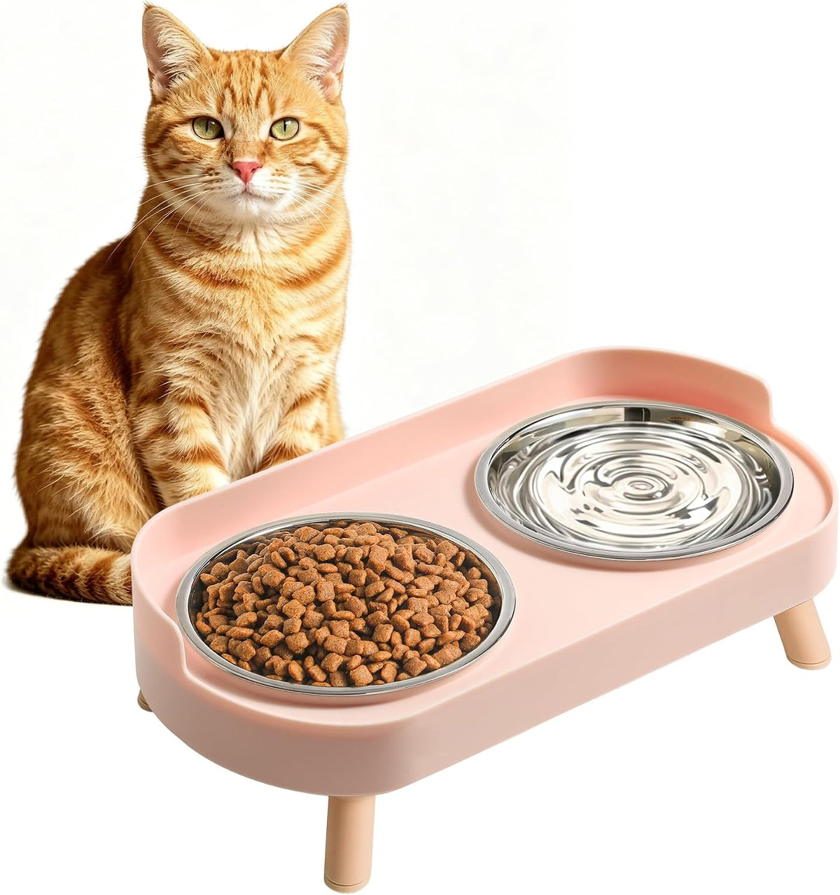 Elevated Cat Bowls Set - Raised Cat Food and Water Bowl Set with Non Slip Stand - Pet Feeding - Pink