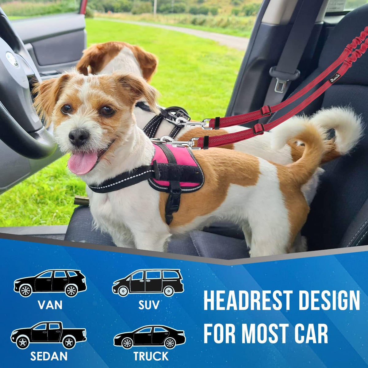Lukovee Double Dog Car Seat Belt, No Tangle Headrest Restraint – Essentials for Dogs - Red / 1 Pack - image 4