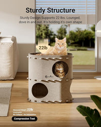 DownyPaws Cat House for Indoor Cats, 2-Storey Foldable Cat Bed Cave, Felt Cats Tunnel Bed Condo, Castle Kitten Cube Hideaway for Multicats, Scratch Resistant, Cream