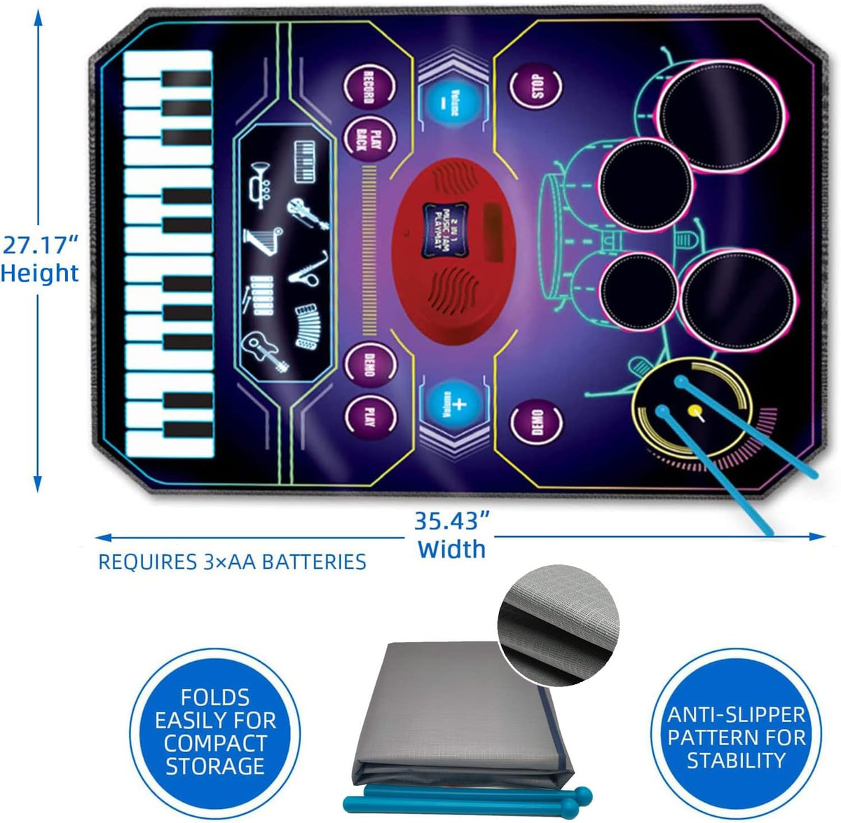 QShark 2 in 1 piano drum mat for kids with 24 keys and 5 drum pads - view 2