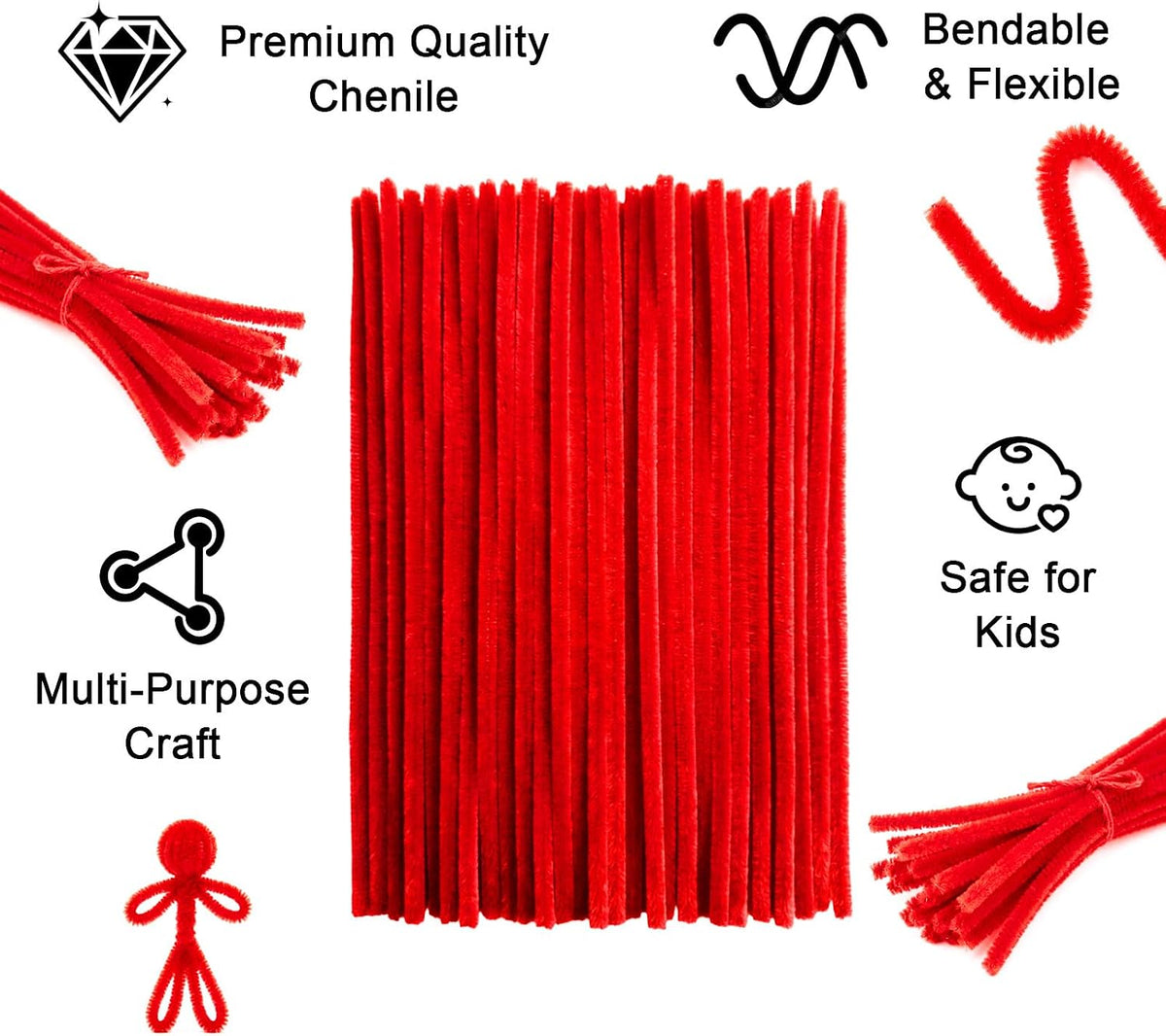 Pipe Cleaners Craft Supplies - 30CM / Red / 100 - image 2