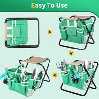 Kitness 9 PCS All-in-one Garden Tools Set Heavy Duty Cast-Aluminium Alloy Gardening Tools Kit with Folding Stool Seat&Detachable Canvas Tool Bag Great Gifts for Gardening