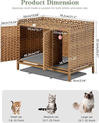 Cat Litter Box Enclosure Furniture with Divider, Handwoven Rattan Litter Box with Mat, 31.2 x 19.6 x 24.2 Inches, Metal Heightened Feet, Hidden Cat House for Living Room, Bedroom (Natural)