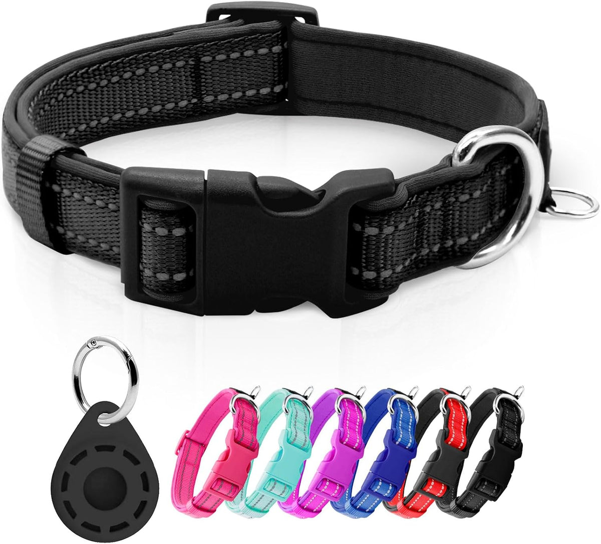 Reflective Dog Collar, Neoprene Padded Small Dog Collar, S - Medium (Pack of 1) / 5#Black（with AirTag Holder）